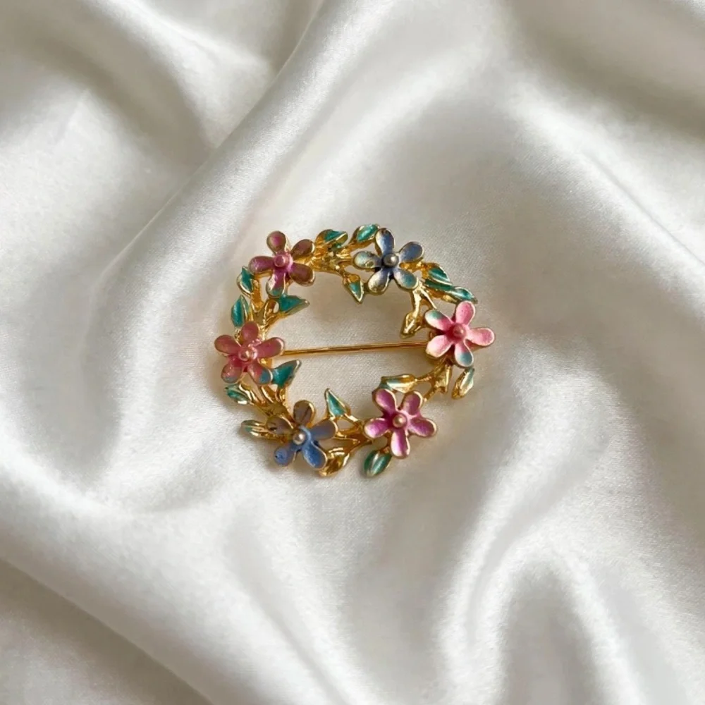 Gold-tone Floral Enamel Wreath Brooch in Pink, Blue, and Green